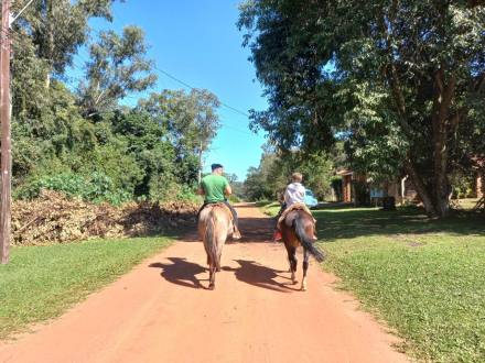Dois cavaleiros em estrada de terra vermelha, entre as árvores