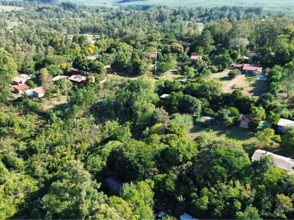 Casas espalhadas em meio à mata densa, com o campo no horizonte